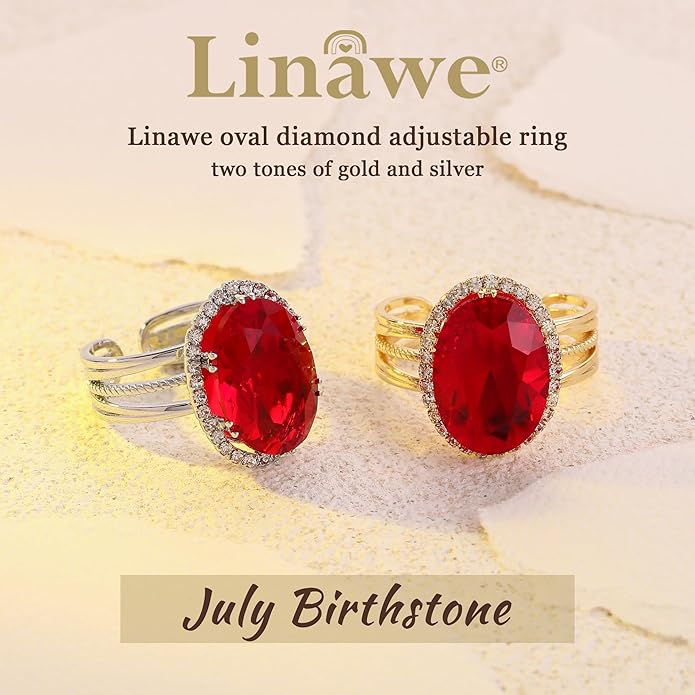 Linawe Birthstone Chunky Adjustable Rings for Women, Gold/Silver/Rose Gold Statement Rings, Imitation Diamond Fake Gemstone Crystal Cocktail Ring, Cubic Zirconia Costume Jewelry