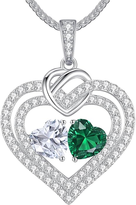 LOUISA SECRET Sparkling Double Heart Birthstone Necklaces for Women, 925 Sterling Silver Fine Jewelry, Pendant Heart Necklaces Birthday Anniversary Christmas Gift for Women Wife Mom Girlfriend Lady
