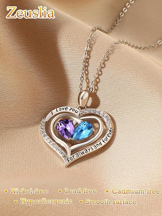 Valentine's Day Gifts for Wife 925 Sterling Silver Double Birthstone Pendant Necklaces I Love You for Always and Forever Necklace Anniversary Birthday Gifts for Wife Girlfriend Mom Her