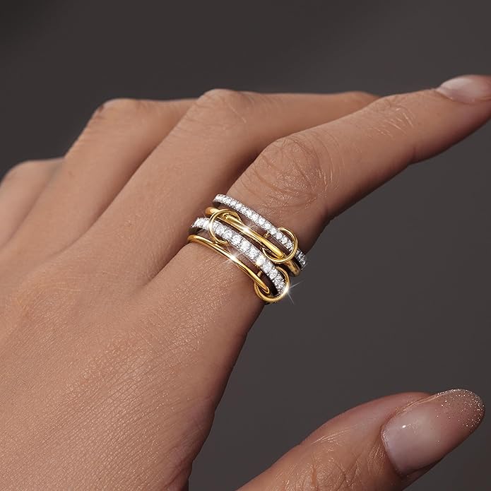 Gelbesty Stackable Gold Silver Band Rings for Women, Statement Chunky Cubic Zirconia Rings, Fashion Unique Designer Mixed Metal Jewelry Size 5/6/7/8/9/10/11