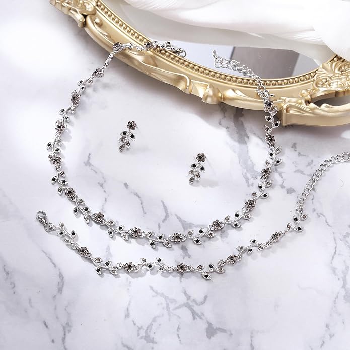 BriLove Wedding Jewelry Set for Women Bride, Gorgeous Stunning Crystal Flower Leaf Cluster Choker Necklace Link Bracelet Stud Earrings Bridal Bridesmaid