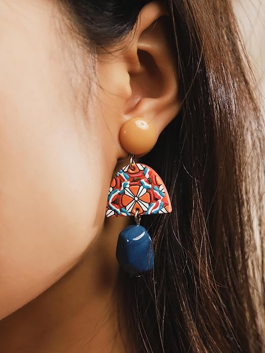 MINACHI Boho Chic Geometric Drop Earrings, Vibrant Multicolor Pattern with Navy Accent Beads & Glossy Studs, Jewelry Gift for Women