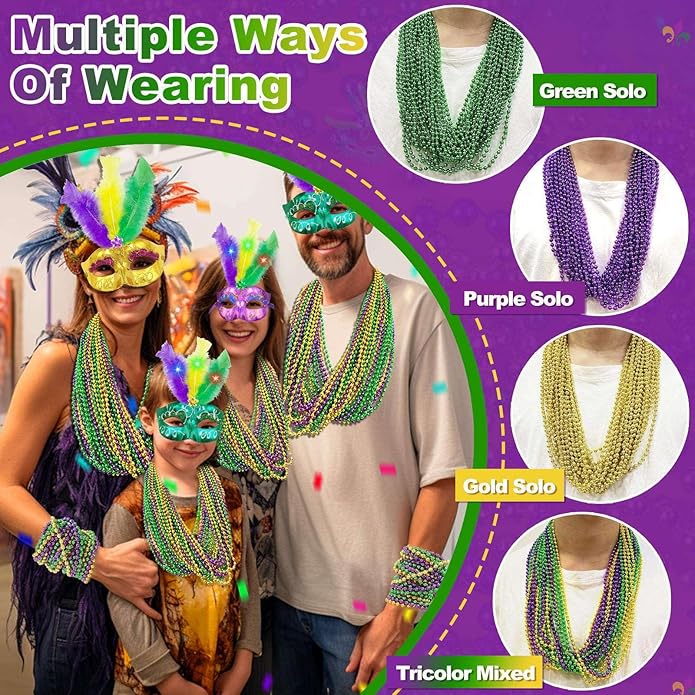 Camlinbo 250 PCS Mardi Gras Beads Necklaces Bulk Purple Gold Green Beads Mardi Gras Party Favor Supplies Costume Accessories