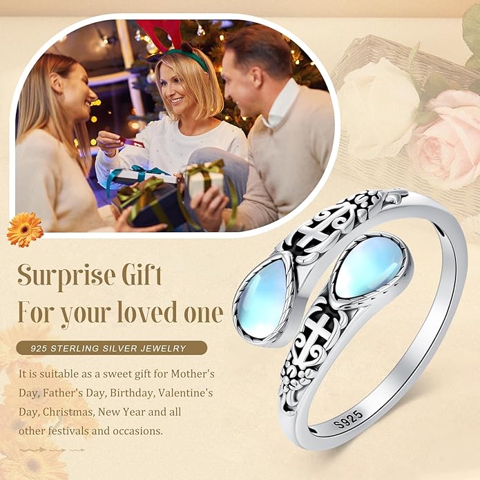 Moonstone Ring for Women 925 Sterling Silver Adjustable Open Ring Boho Statement Jewelry Gift for Her