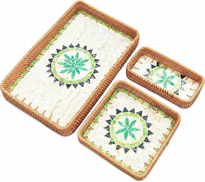 i-lan 15" Green Rattan Nesting Tray Set, Mother of Pearl Inlay, mail or by ilan