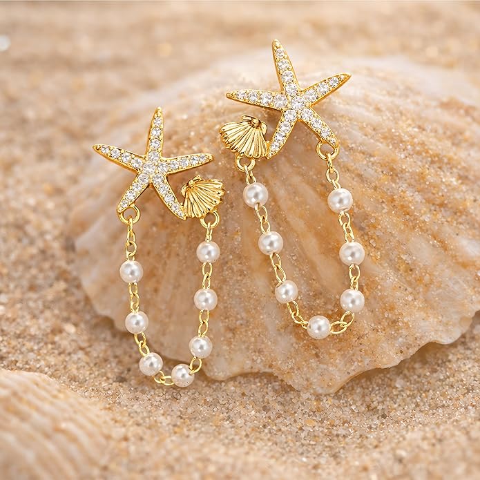 Seashell Starfish Earrings Beach Jewelry for Women Pearl Drop Shell Earrings Ocean Beachy Fashion Accessories Womens Summer Outfits 2026 Tropical Vacation Outfits Beach Vacation Clothes Dresses