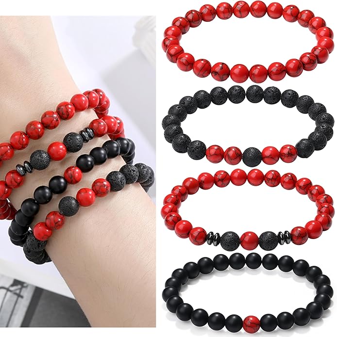 XIANNVXI Natural Stone Beads Bracelet for Men Crystal Bracelets 8MM Tiger Eye Lava Rock Obsidian Beaded Bracelet Set Black/Red/Blue Crystal Beaded Bracelets for Men