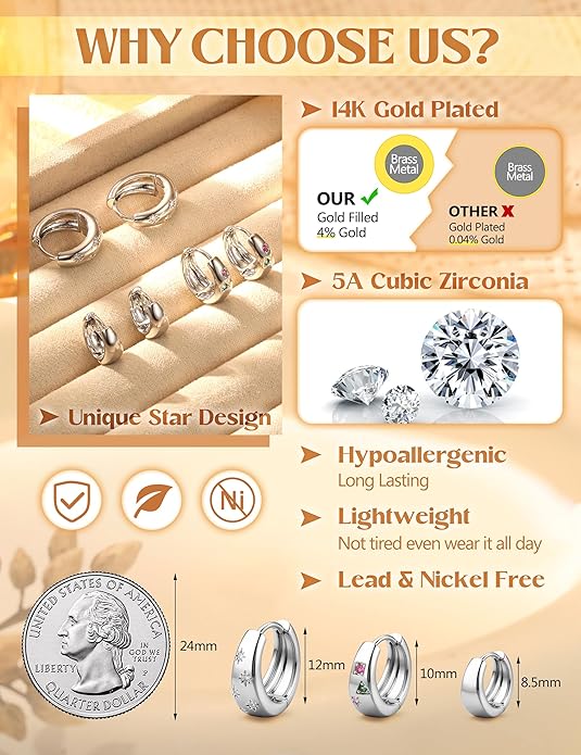 14K Gold Plated Hoop Earrings Set for Women - 3Pairs Chunky 14K Gold Plated Silver Huggie Earrings Small Earrings Lightweight Hypoallergenic MultiColored CZ Hoop Earrings Stacks for Multiple Piercing