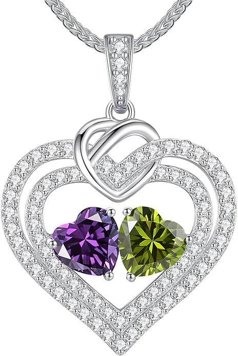 LOUISA SECRET Sparkling Double Heart Birthstone Necklaces for Women, 925 Sterling Silver Fine Jewelry, Pendant Heart Necklaces Birthday Anniversary Christmas Gift for Women Wife Mom Girlfriend Lady