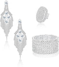 Sllaiss Rhinestone Bridal Jewelry Set for Women Sparkling Rhinestone Stretch Bracelet Ring Dangle Tassel Earrings Set Costume Jewelry