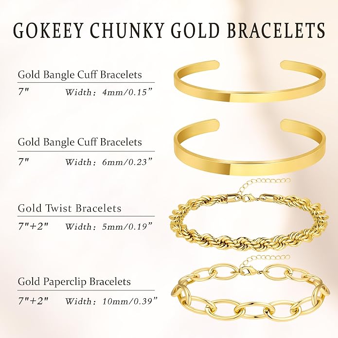 Chunky Gold Bracelets Stack for Women Non Tarnish, Waterproof 14K Gold Plated Bangle Cuff Bracelets Set for Women Trendy Thick Layered Cuban Link Chain Paperclip Rope Stackable Bracelet for Jewelry Gifts
