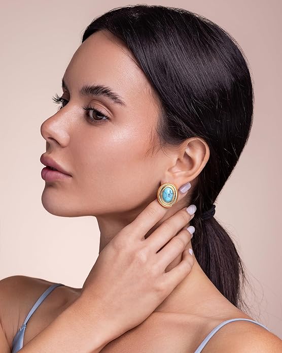 18K gold plated Medium Oval Button Chunky Statement Earrings for Women by SNGIA, (Turquoise, Carnelian, Aventurine, Amethyst, Malachite, Cat Eye, White, Cream) Bold Handmade Colored (Red, Blue, Green, White, Cream, Purple) Exaggerated Dome Retro Rounde...