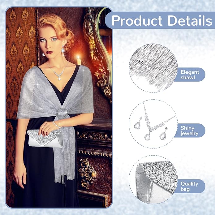 Hicarer 5 Pcs Dressy Jewelry Sets, Silver Shawls and Wraps, Clutch Purse for Homecoming Prom Evening Women Formal