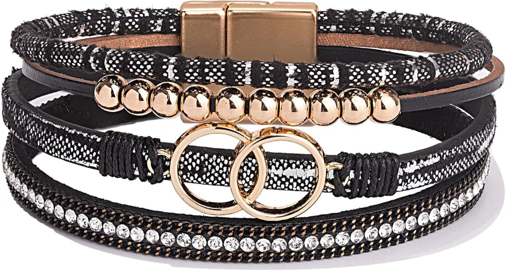 FANCY SHINY Boho Leather Wrap Bracelet Stackable Infinity Chunky Cuff Bracelets Western Hippie Outfits Jewelry Valentine Gifts for Women
