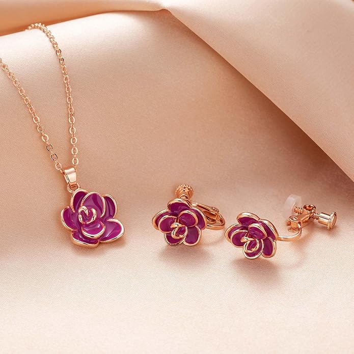 Dainty Rose Flower Pendant Necklace Clip On Earrings Set for Women 14K Gold Plated Hypoallergenic Jewelry Sets