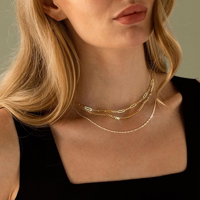3PCS Gold Necklaces for Women,Chunky Statement Gold Plated Necklace Stack Layered Sterling Silver Herringbone Chains for Women Dainty Trendy Silver Chains Stacked Jewelry Gifts