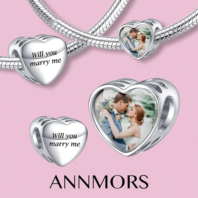 Annmors Personalized Photo Charms For Bracelets/Necklace 925 Sterling Silver Love Heart Shaped Engraved Customize Picture Gift for Birthday Mother's Day,Bead Charms Jewelry for Women