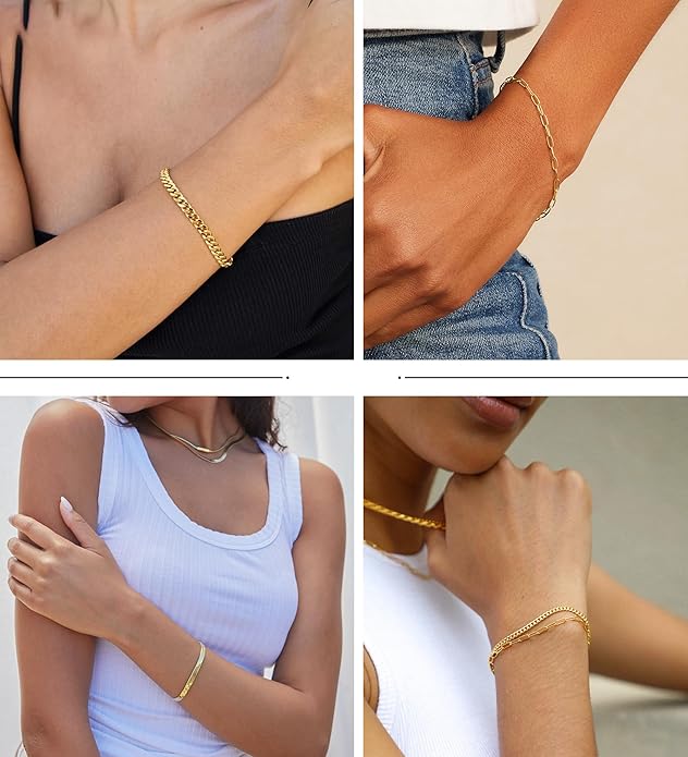 DEARMAY Gold Bracelets for Women Waterproof, 14K Gold Plated Jewelry Sets Trendy Thin Dainty Stackable Cuban Link Paperclip Chain Bracelet Pack Fashion Accessories Gifts for Womens