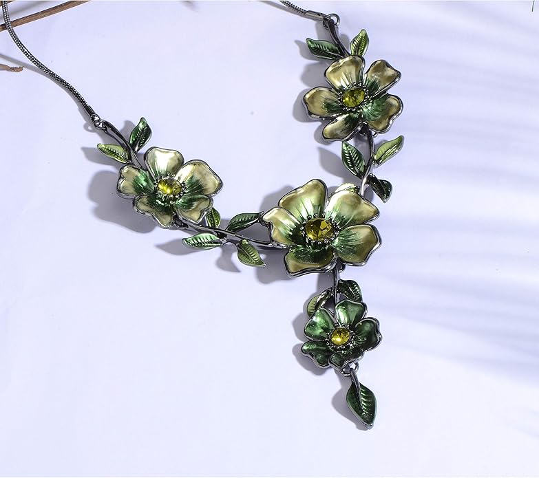 AMYJANE Vintage Statement Jewelry Set - Spring Leaf Flower Floral Plant Necklace Earring Set Crystal Rhinestone Fashion Costume Jewelry for Women Prom Party Unique Gift