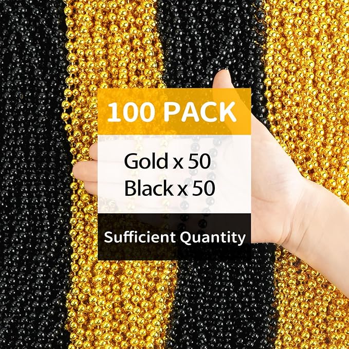 ZYFLSQ 100PCS Beaded Necklace, 33" 7mm New Year Eve Bead Necklaces Bulk, Metallic Mardi Gras Beads Necklaces, Happy New Year Parade Throws Costume Accessories, Party Favors Decorations (Black Gold)