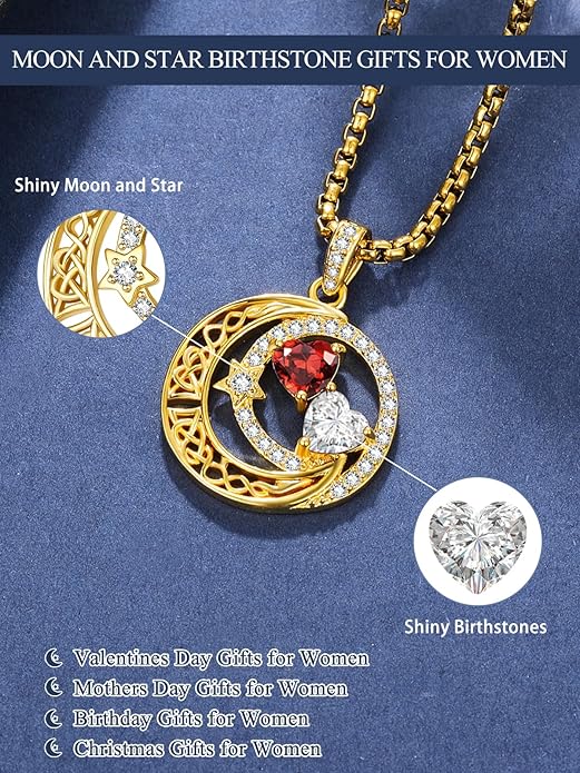 14K Gold Moon and Star Necklace Gifts for Women - Double Heart Birthstone Necklace, Valentines Wedding Anniversary Birthday Gifts for Her Wife Mom Daughter Grandma Sister