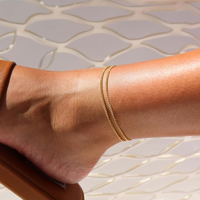 DEARMAY Dainty 14K Gold Plated Ankle Bracelets for Women, Waterproof 14K Gold Plated Link Chain Anklets Non Tarnish Set Pack Summer Beach Jewelry Gift