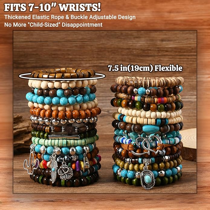 Punk Beaded Bracelets Pack for Men Women, Mens Bracelet Set with Beads, Mens Bead Bracelet Stackable Gothic Boho Adjustable Men Bead Bracelet Pack