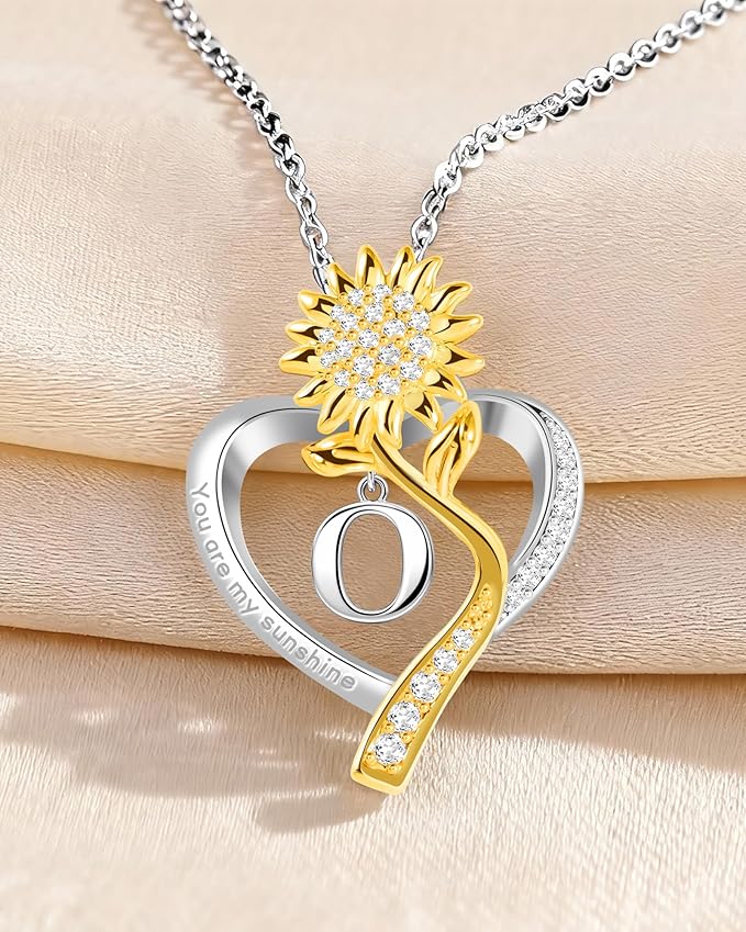 Birthday Gifts for Women Preserved Real Rose with Sunflower Initial Necklace - Birthday Gifts for Women Her Mom Wife on Valentines Mothers Day Christmas Anniversary Romantic with Pendant O