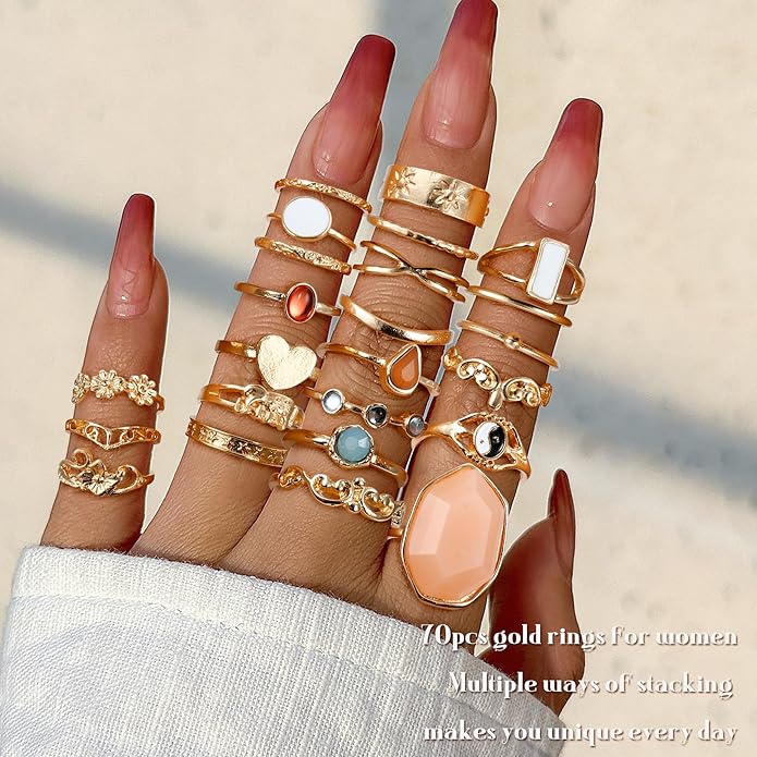 Subiceto 70 Pcs Vintage Crystal Ring Set Knuckle Rings for Women Bohemian Stackable Joint Rings Retro Boho Stacking Joint Finger Rings Pack