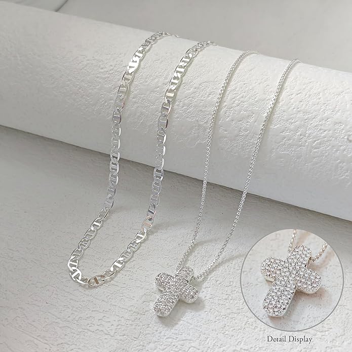 OGD Bubble Cross Necklace for Women 14k Gold Plated Cross Necklace Stackable Dainty Gold Necklace Mariner Chain Necklace CZ Cross Pendant Necklaces Set Simple Jewelry Gift