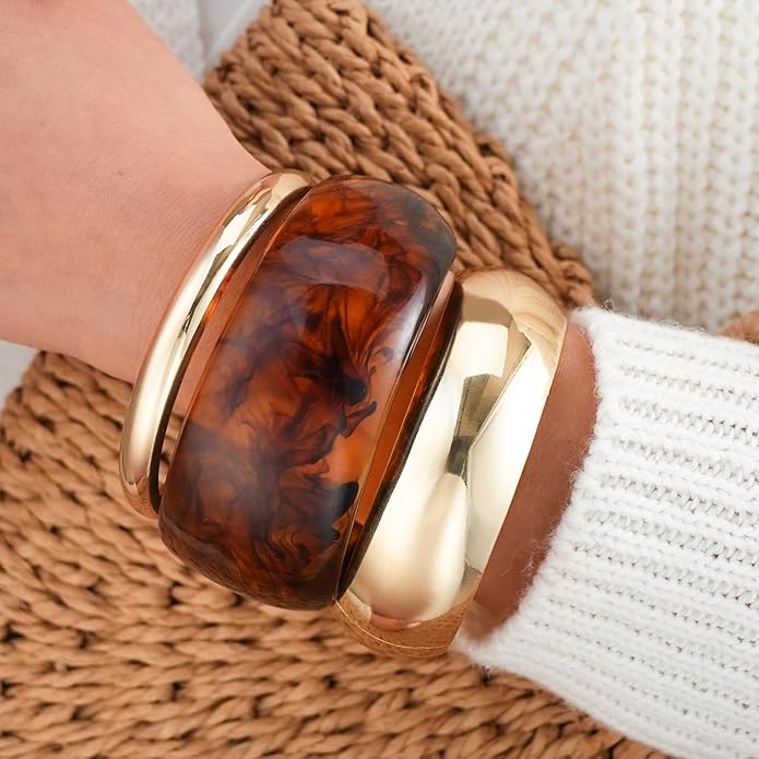 FAXHION Chunky Resin Acrylic Bangle Bracelets for Women, Colorful Wide Geometric Bangles Set, Statement Stackable Bracelet Jewelry Gift