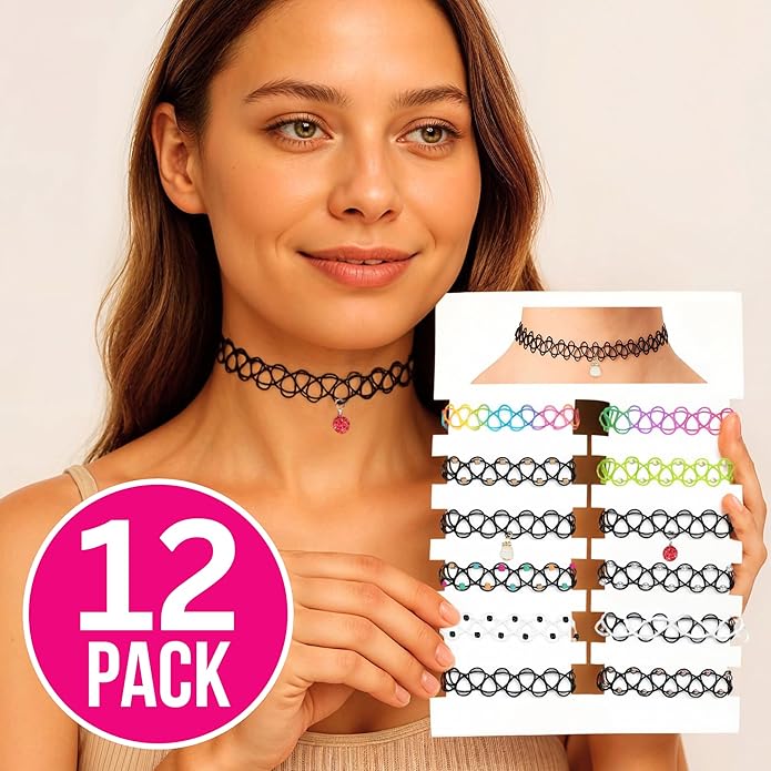 BodyJ4You 12PC Tattoo Choker Necklace for Women - 90s Choker Necklaces Y2K Fashion Trendy Vintage - Emo Black Choker Rainbow Pink White Purple Neon Green Blue Daisy Flower