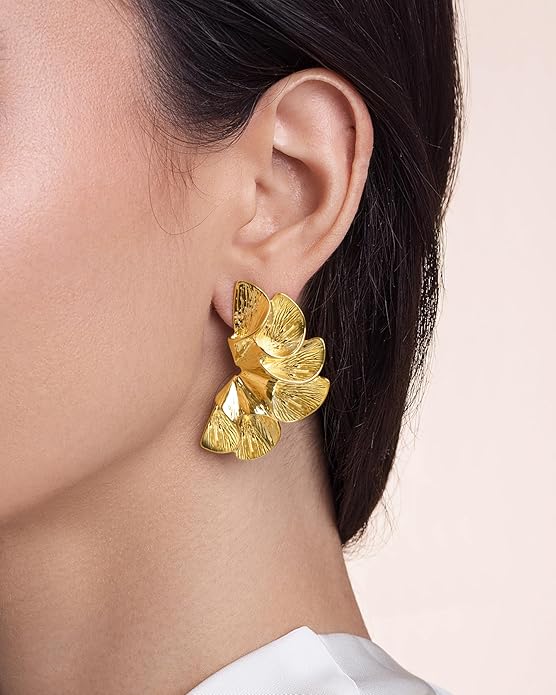 18K Gold Plated Large Chunky Flower Statement Earrings for Women by SNGIA, Summer Beach Floral Handmade Drop Jewelry, Maximalist Wedding Date Birthday Gift, Bold Exaggerated Textured Dangle Trendy Ribbed Jewelry, 18K Gold Plated Chandelier Fashion Acce...