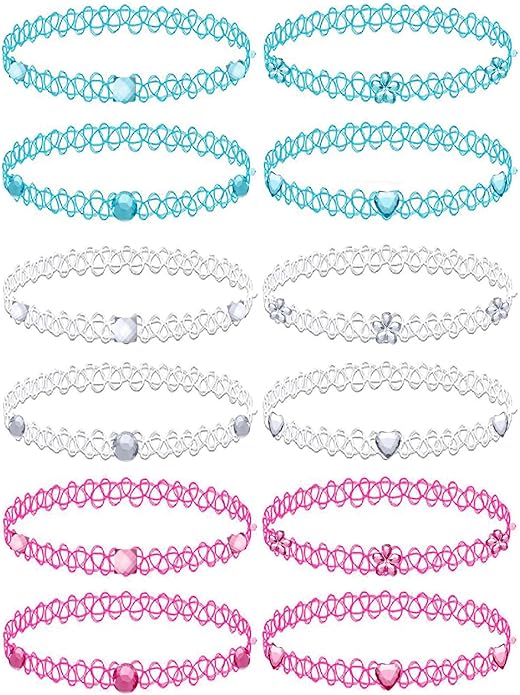 BodyJ4You 12PC Tattoo Choker Necklace for Women - 90s Choker Necklaces Y2K Fashion Trendy Vintage - Emo Black Choker Rainbow Pink White Purple Neon Green Blue Daisy Flower