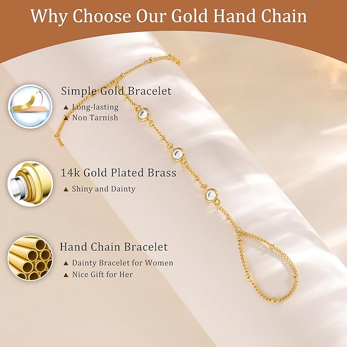 CHESKY 14K Gold Plated Hand Chain Bracelets for Women Set - Dainty Finger Ring Bracelet Stack Adjustable Hand Chains Durable Beaded Bracelets Trendy Simple Body Jewelry Gift for Women