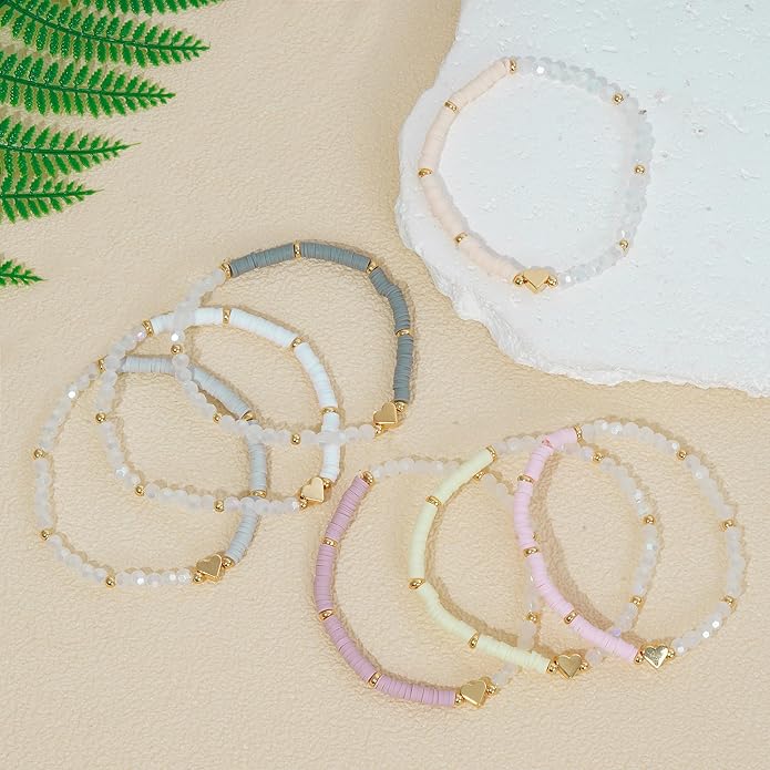 Heishi Beaded Stretch Bracelets for Women Stackable Polymer Clay Beads Bracelets Friendship Boho Summer Beach Bracelet Jewelry Set