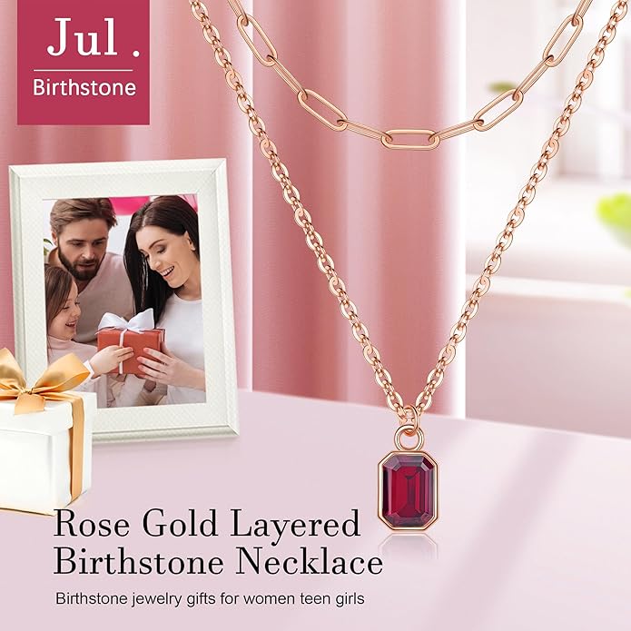 Layered Birthstone Necklace for Women Girls, 14K Gold-Plated Paperclip Chain Choker Necklace with Rectangle Birthstone Pendant Birthday Gifts for Women Girls Dainty Small