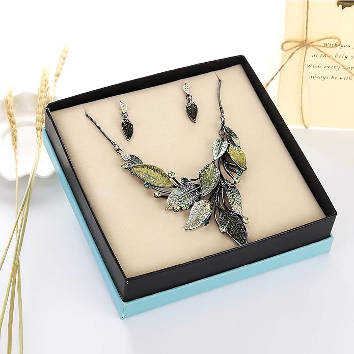 AMYJANE Vintage Statement Jewelry Set - Spring Leaf Flower Floral Plant Necklace Earring Set Crystal Rhinestone Fashion Costume Jewelry for Women Prom Party Unique Gift