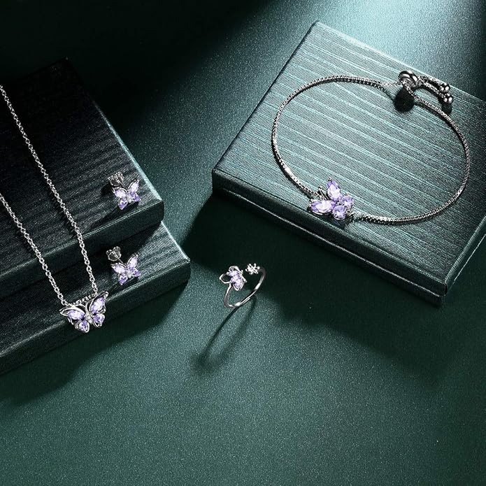 925 Sterling Silver Birthstone Butterfly Jewelry Women Crystal Animal Cute Butterflies Birthday Necklace/Earring/Ring/Bracelet Sets Birth Stone Statement Anniversary Jewellery