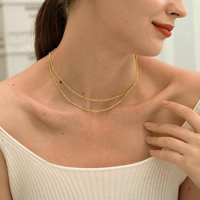 CHESKY 14k Gold Plated/Silver Plated Dainty Necklace for Women, Trendy Satellite Choker Necklace Thin Beaded Layered Choker Necklaces Discs Paperclip Chain Necklaces Womens Simple Jewelry