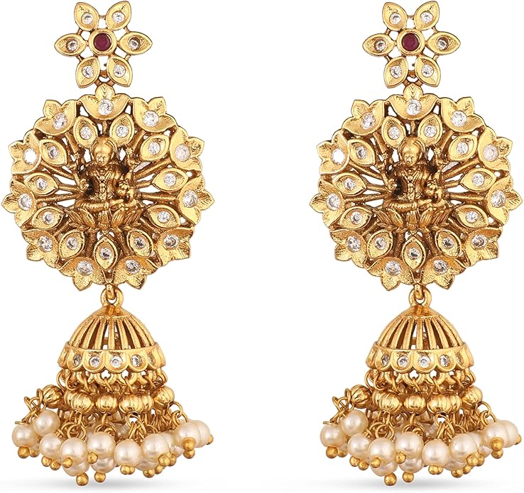 TARINIKA Brass Indian Choker Necklace Set - Gold Plated Cubic Zirconia Indian Jewelry Sets for Women Dangle, Drop, Jhumka Earrings Traditional Desi Necklace Pearls Gift for her