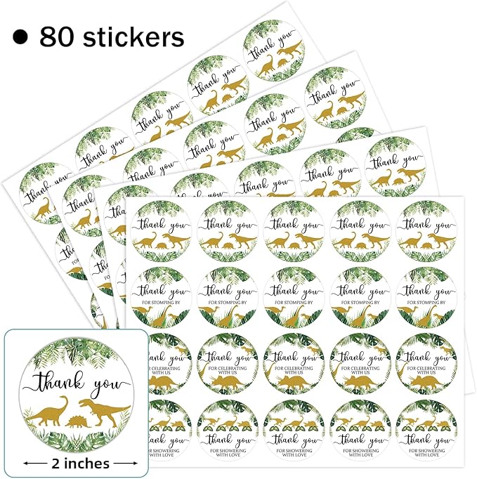 80 Pieces Cute Dinosaur Thank You Stickers, Boy Baby Shower Birthday Party Decorate Watercolor Little Dino Themed Round Party Gift Wrap Bag Label Decorations, 4 Design Stickers