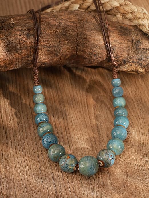 MINACHI Hippie Boho Colorful Ceramic Round Beads Strand Necklace, Bohemian Fashion Statement Jewelry Gift for Women