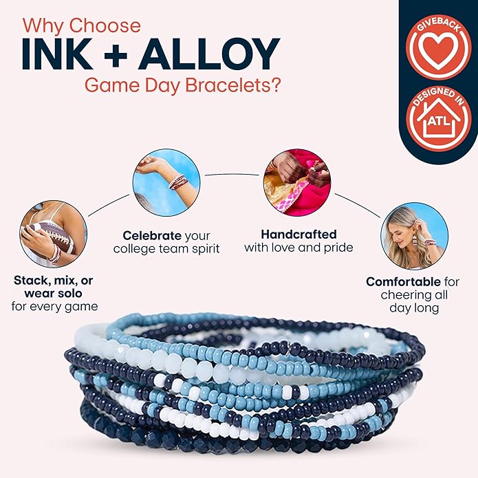 INK + ALLOY Game Day Bracelet Stacks, Beaded Bracelets for Football Gameday Outfits, Handmade Jewelry for College Students, Teachers, Football Moms, Set of 10