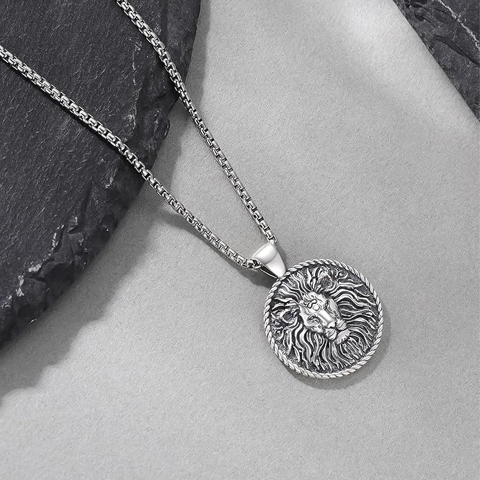 Cuoka Lion Necklace for Men Women S925 Sterling Silver King Retro Punk Gothic Hip Hop Rock Animal Lion Head Pendant Charm Jewelry Chain Necklace Viking Protection Amulet Necklaces