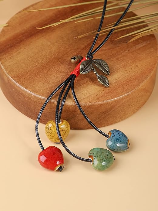 MINACHI Vintage Bohemian Leaf Charm Colorful Ceramic Bead Long Y Necklace, Boho Jewelry Gift for Women