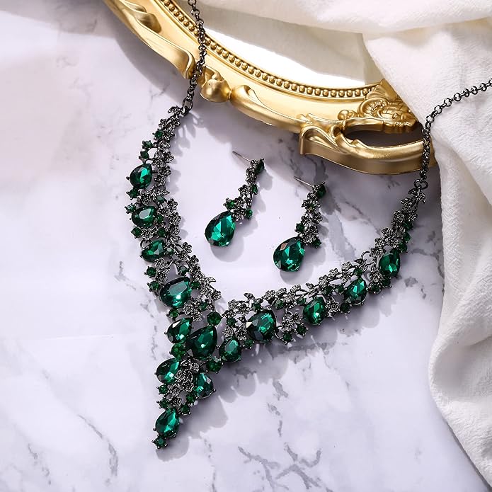 BriLove Women's Wedding Bridal Austrian Crystal Teardrop Flower Cluster Statement Necklace Dangle Earrings Jewelry Set for Party Prom