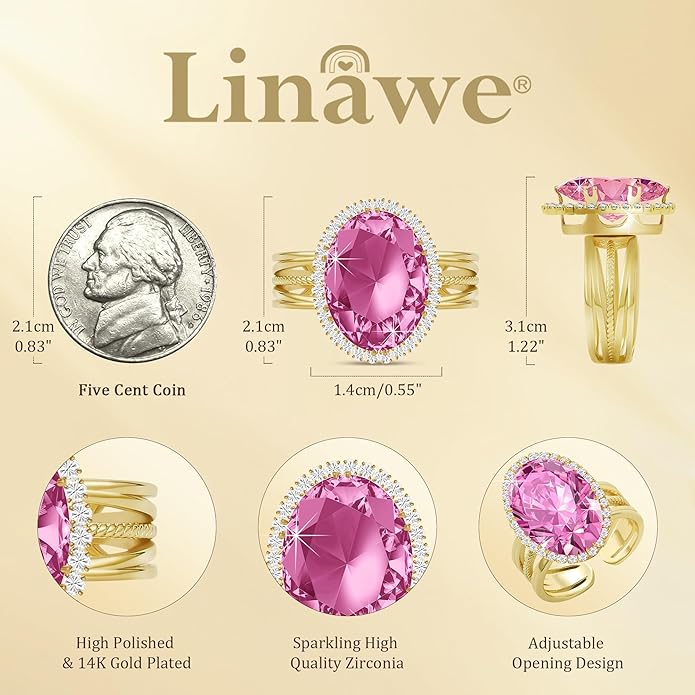 Linawe Birthstone Chunky Adjustable Rings for Women, Gold/Silver/Rose Gold Statement Rings, Imitation Diamond Fake Gemstone Crystal Cocktail Ring, Cubic Zirconia Costume Jewelry