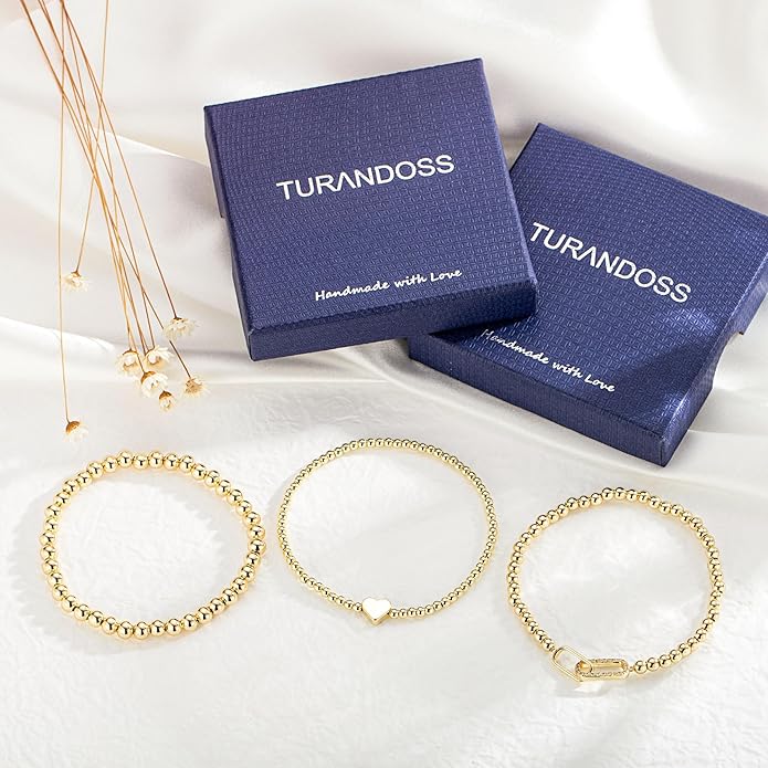 Turandoss Gold Bracelets for Women - Dainty 14K Gold Plated Bow Cross Beaded Bracelets for Women Stackable Heart Bead Bracelet Set Wave CZ Round Ball Bracelet Valentine's Day Gifts for Her