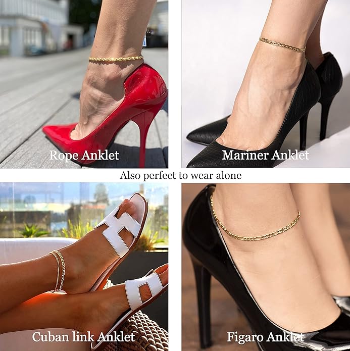 DEARMAY Dainty 14K Gold Plated Ankle Bracelets for Women, Waterproof 14K Gold Plated Link Chain Anklets Non Tarnish Set Pack Summer Beach Jewelry Gift